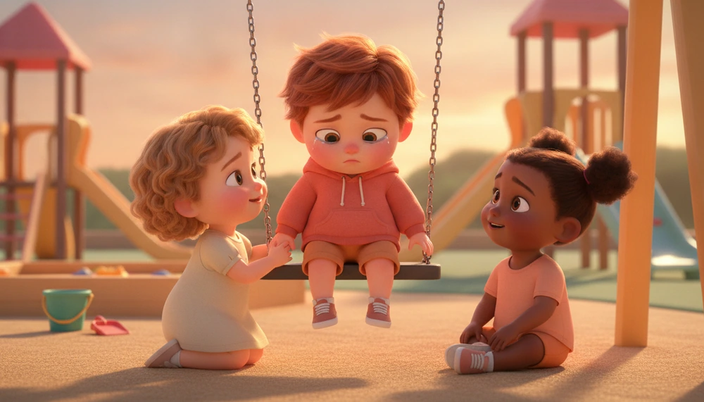 Child with ADHD expressing feelings to friends in playground.