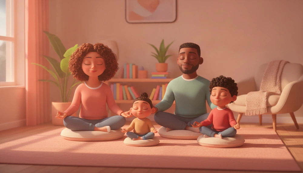 Family practicing mindfulness together in a cozy living room, promoting mental wellness.