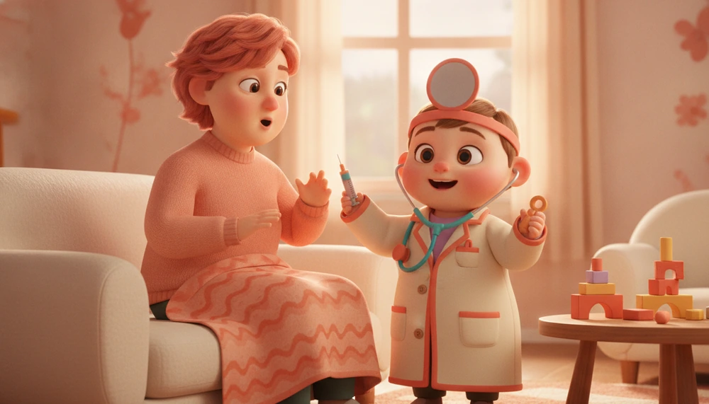 A child playing doctor with a parent as a patient, role-playing scenario.