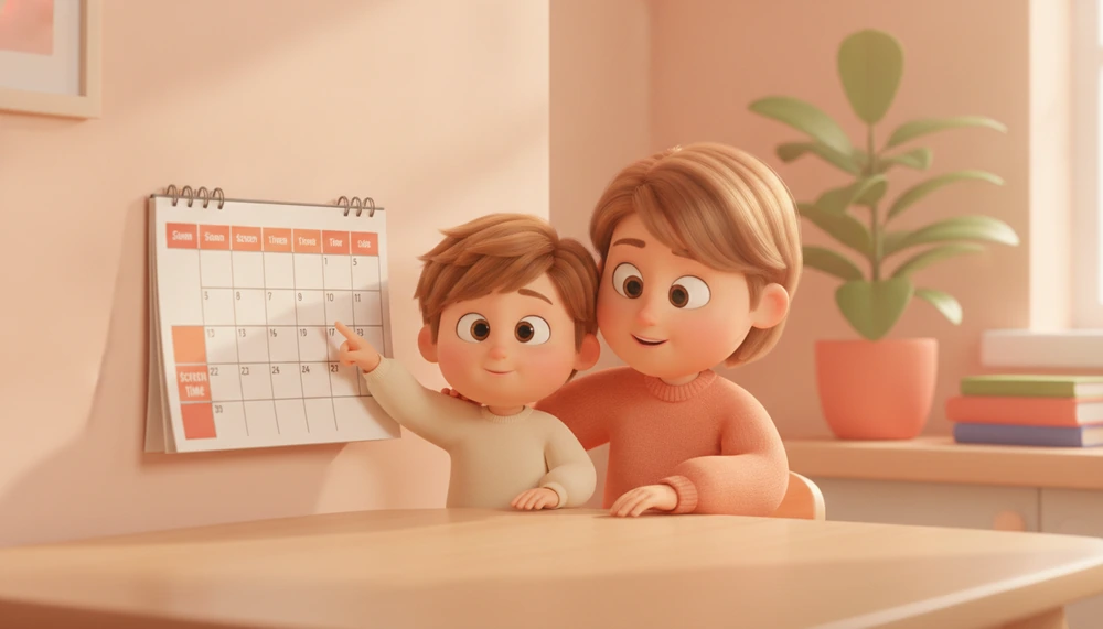 Tween and parent planning screen time together, fostering negotiation skills.