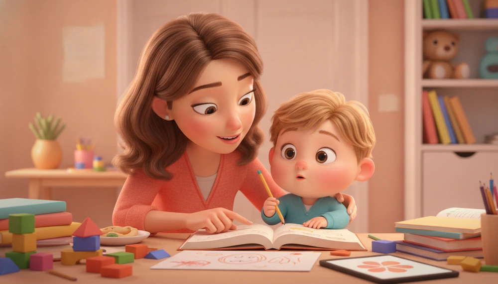 Parent guiding a child with ADHD on homework.