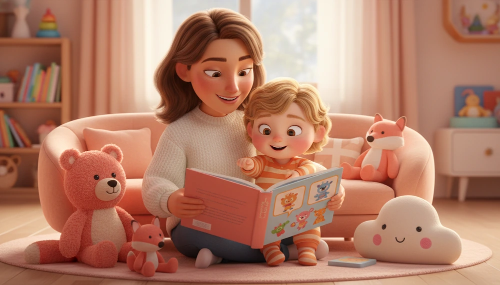 Parent and child reading a social story book together in a cozy setting.