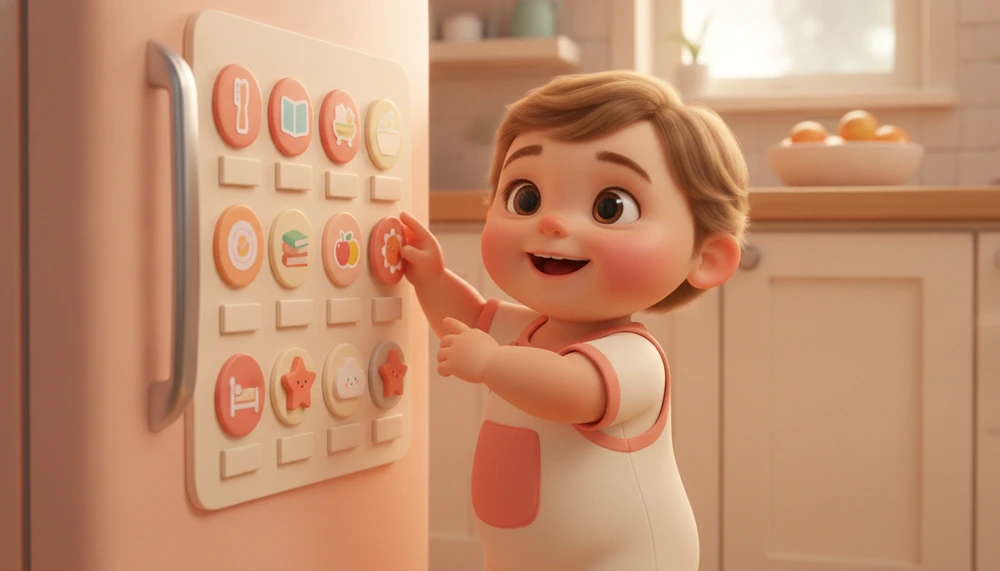 Child interacting with fridge-mounted visual schedule using magnets.