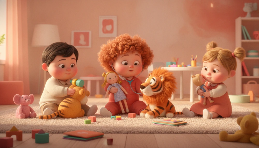 Children playing with dolls and stuffed animals, engaging in pretend play.