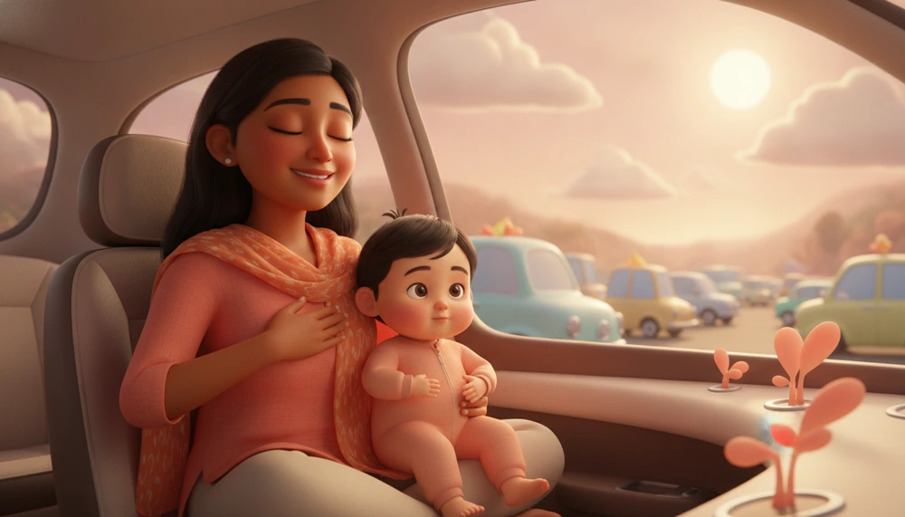 A parent demonstrating calmness during a traffic jam, showing intentional breathing.