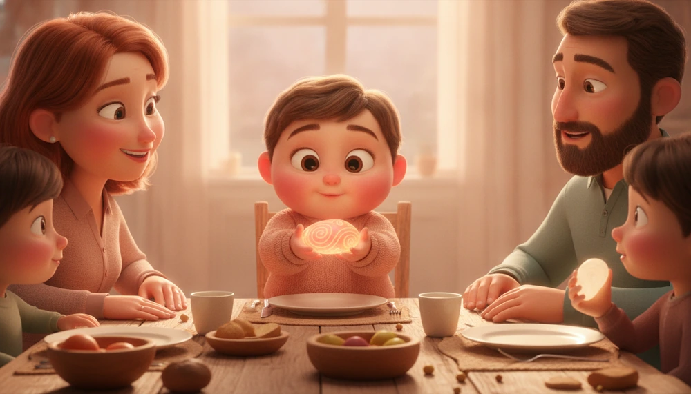 Child using a listening stone during family dinner for mindful listening.