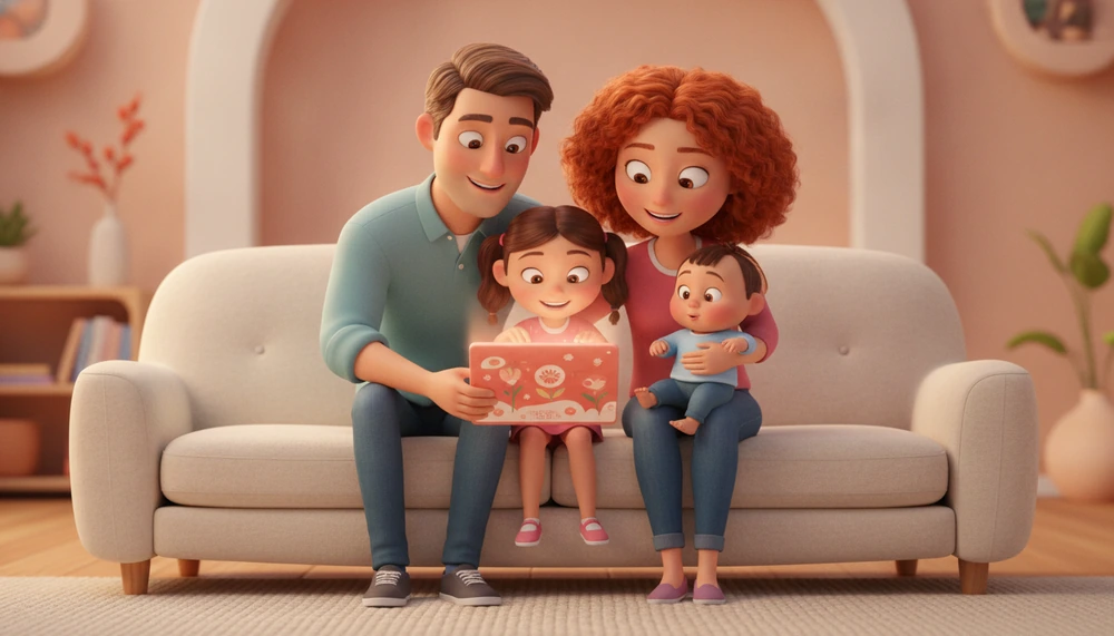 A family engaged in a discussion around a tablet, illustrating screen time as a positive co-regulation moment.