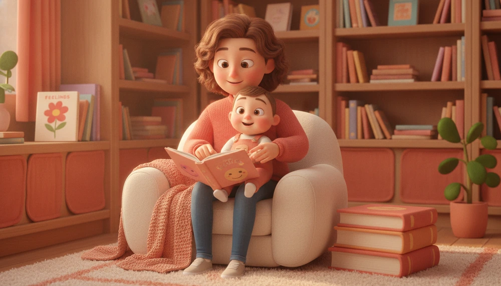 Parent and toddler discussing emotions in a reading nook.