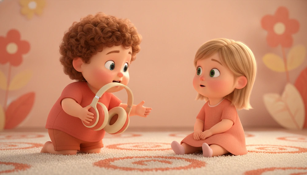 Child explaining headphones to friend during playtime.