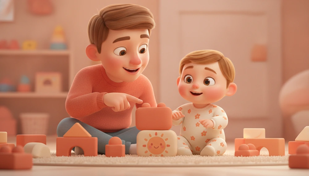 Parent teaching toddler emotions using blocks.