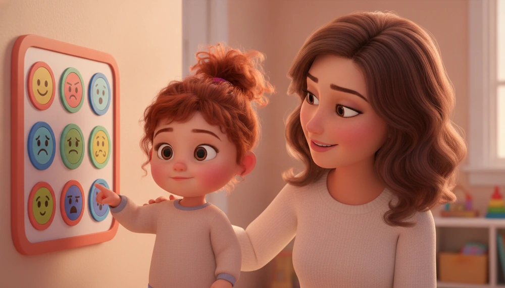 A child using an emotion chart with parental support.