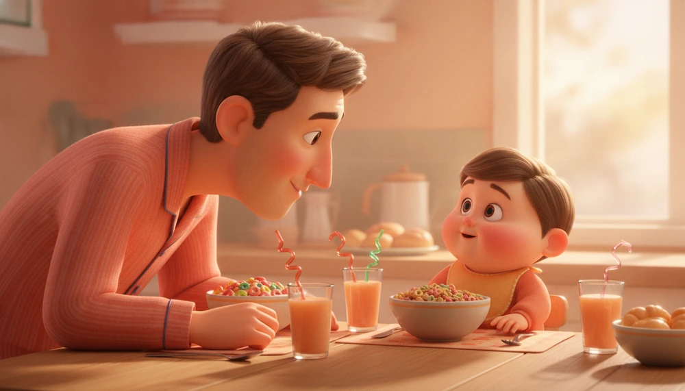 Parent and child practicing speech sounds during breakfast.