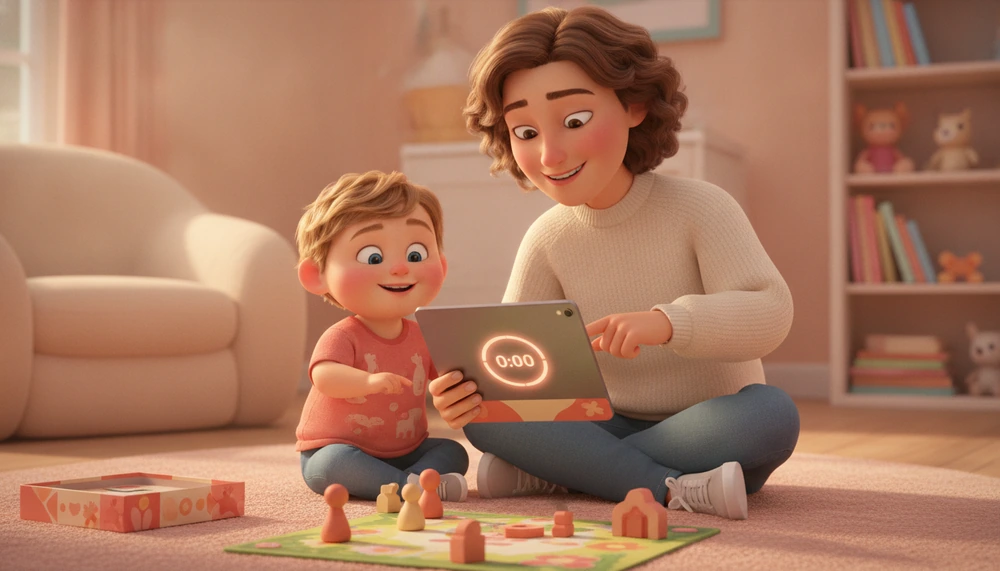 Parent and child preparing to transition from screen time to a board game.
