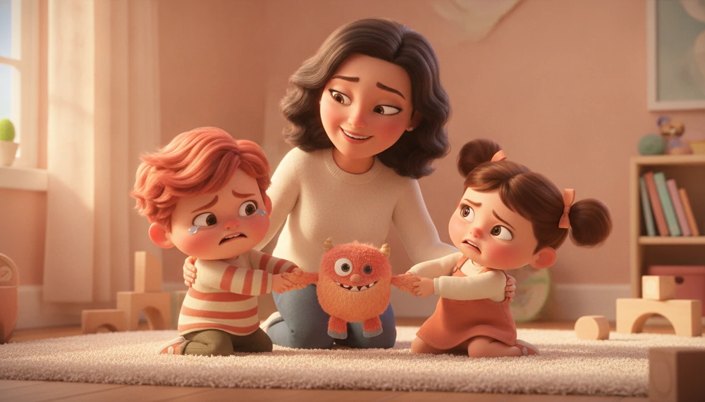 Parent guiding siblings to resolve a toy conflict peacefully.
