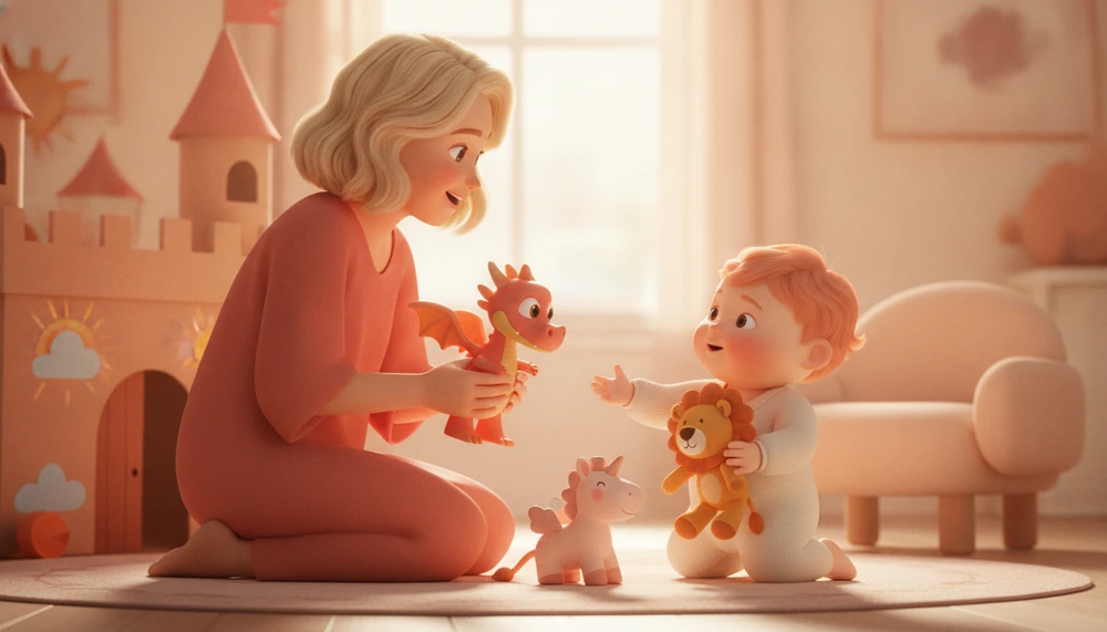 Parent and child using toys to make role-play fun and engaging.