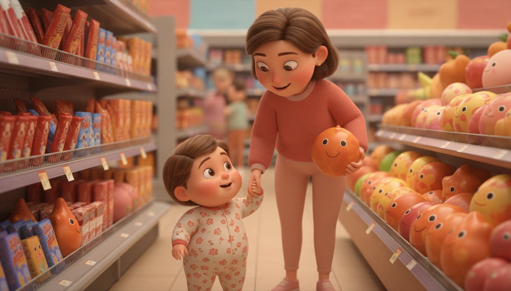 Parent redirecting toddler from candy to fruit in a supermarket.
