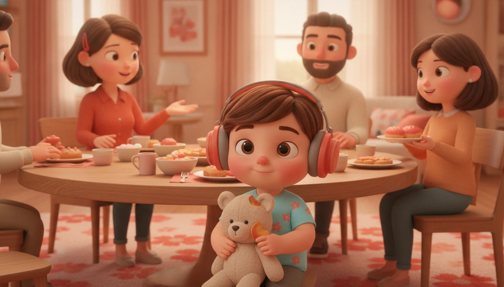 Autistic child using headphones to manage sensory overload at a family gathering.