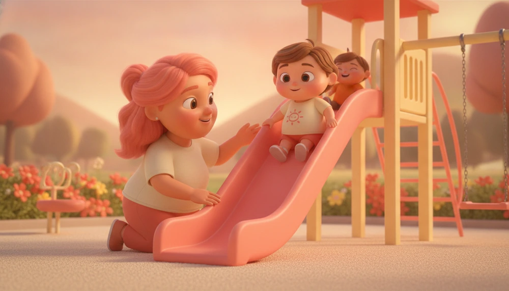 Parent and child role-playing turn-taking at a playground.