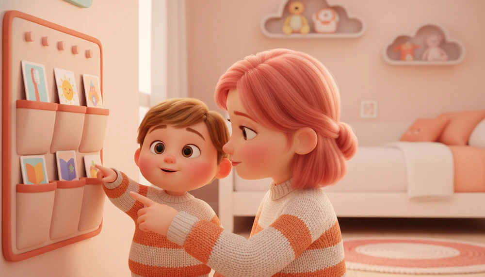 Parent using a visual schedule with an autistic child.