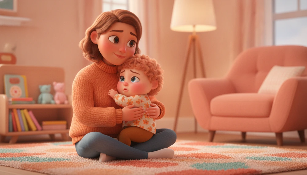 Parent co-regulating with autistic child on a carpet in a cozy living room.