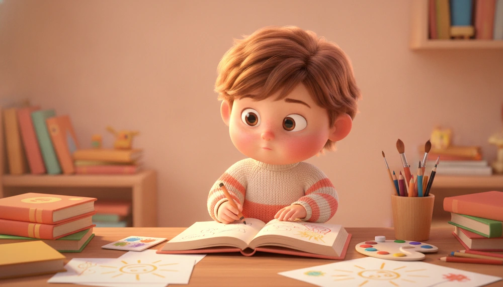 Child writing in a journal, surrounded by books and drawings.