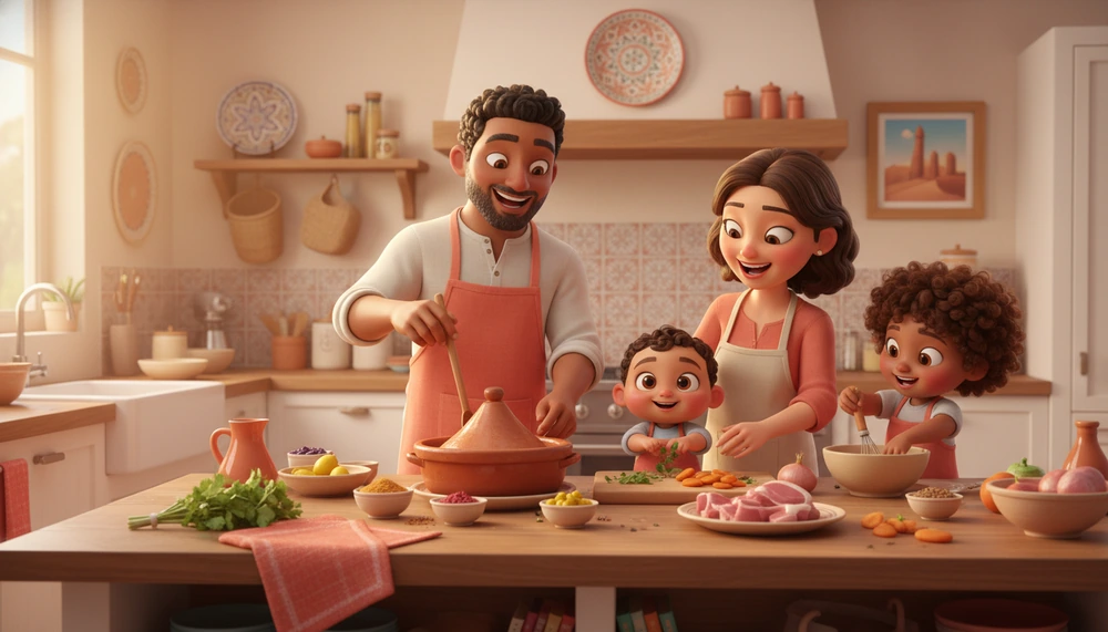 Family cooking a culturally diverse dish together in the kitchen.
