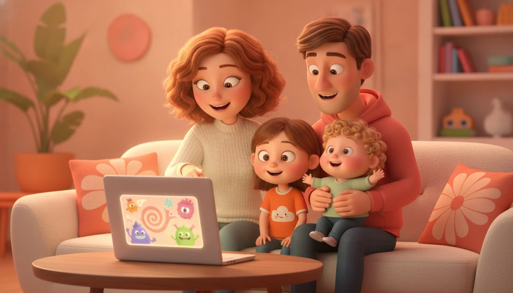 Family evaluating SEL value of new content on laptop.