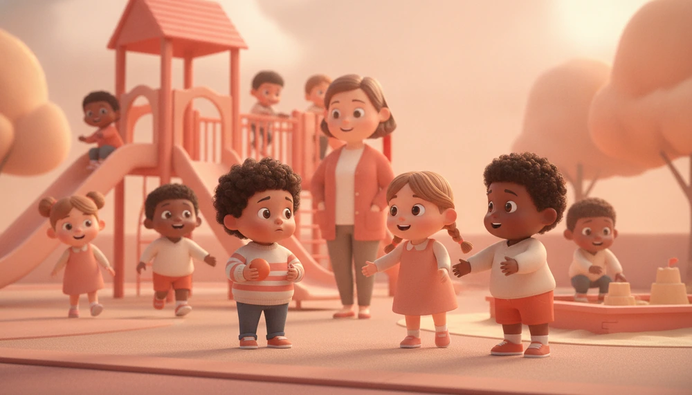 Children playing at recess, welcoming a nervous peer.