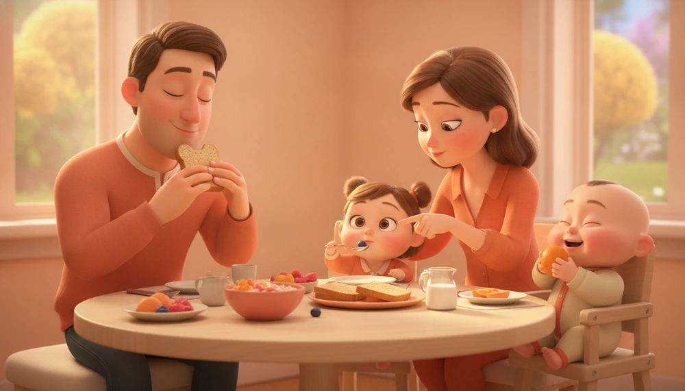 Family enjoying a mindful breakfast together.