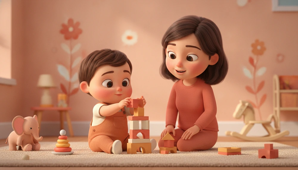 Parent supporting a child building with blocks.