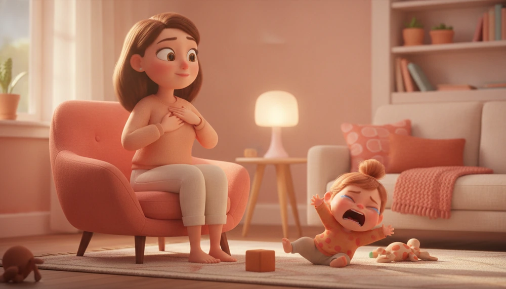 Mother practicing deep breathing during toddler's meltdown.