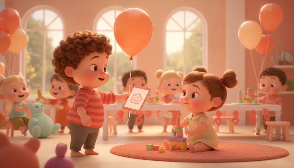 Children at a birthday party, with one using a script card.