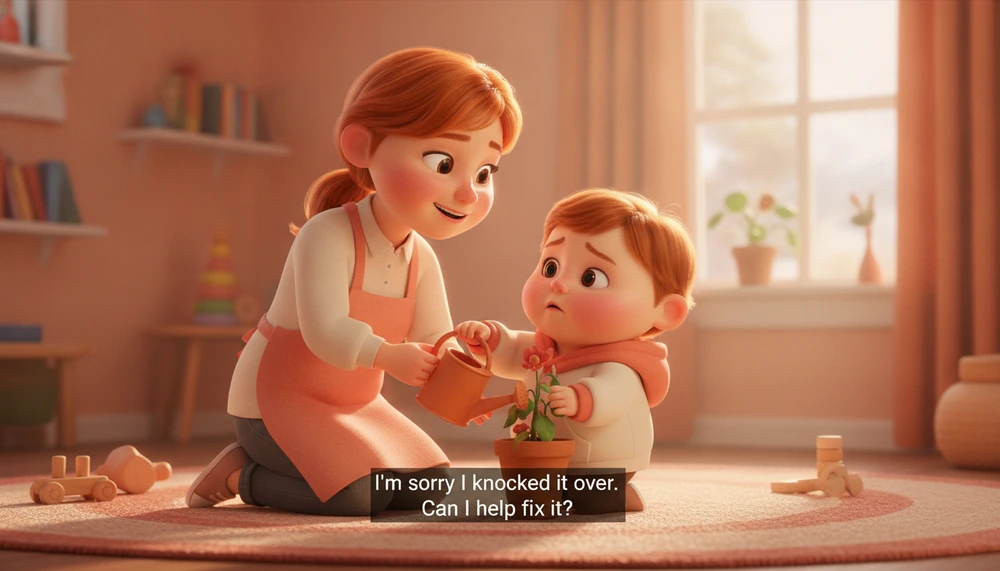 Child practicing apology script with parent.
