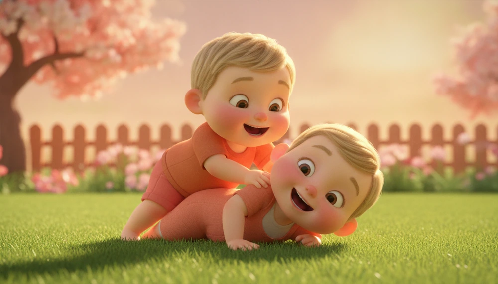 Children playfully wrestling, illustrating rough-and-tumble play.