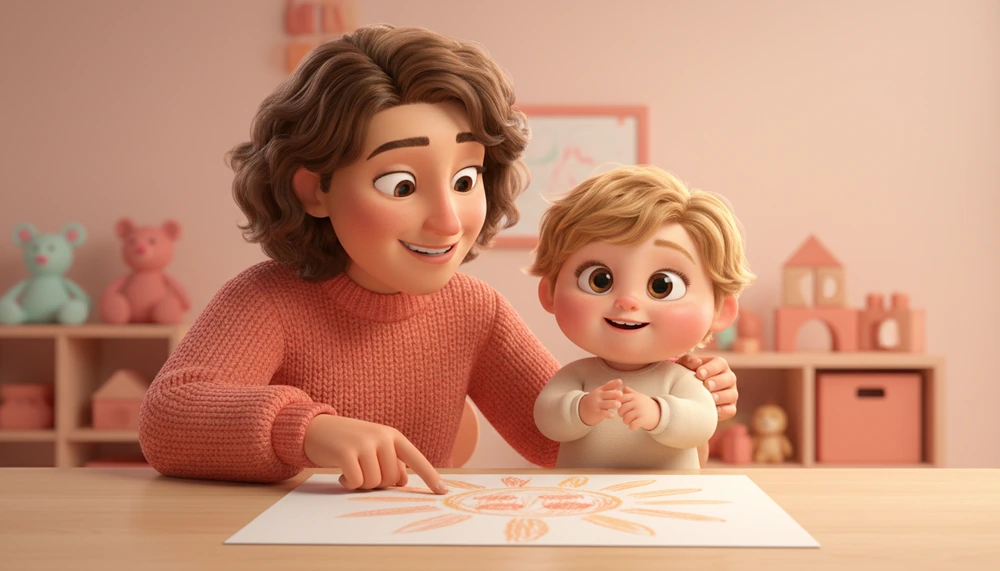 Parent and child discussing a drawing, child feeling proud.