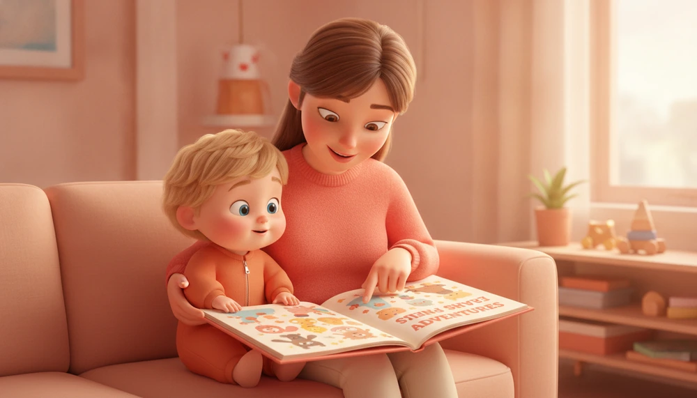 Parent and child reading a social story book together.