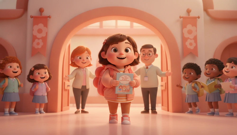 Child confidently entering a new school with a social story.