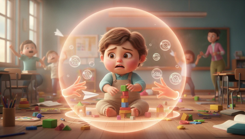 Child struggling to apply therapy skills in a chaotic classroom.