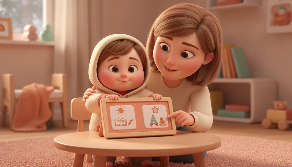 Child using a First-Then board with parent guidance.