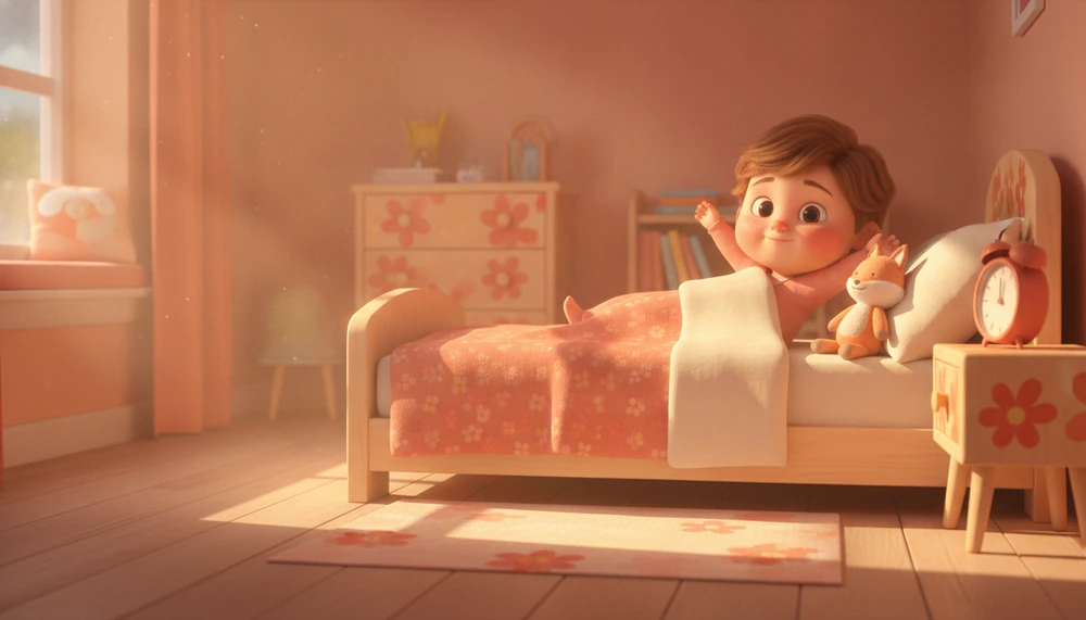 Child waking peacefully with sunlight and gentle alarm clock.