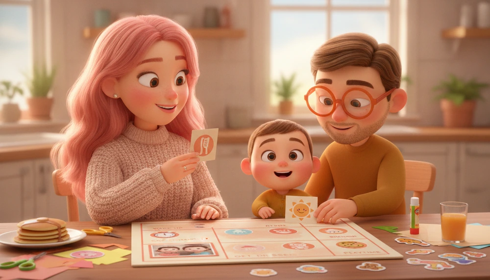 Family creating a morning visual schedule at the table.