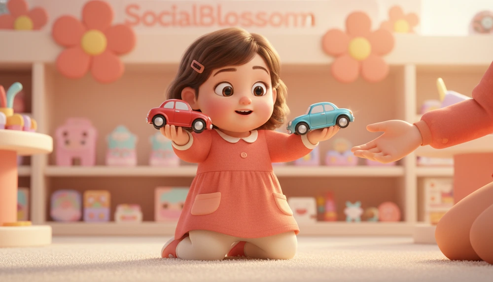 Four-year-old girl choosing between toy cars with parent support.
