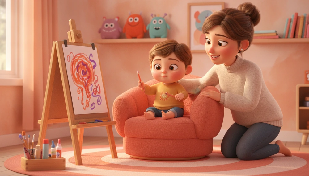 Feelings corner at home where child expresses emotions through art.