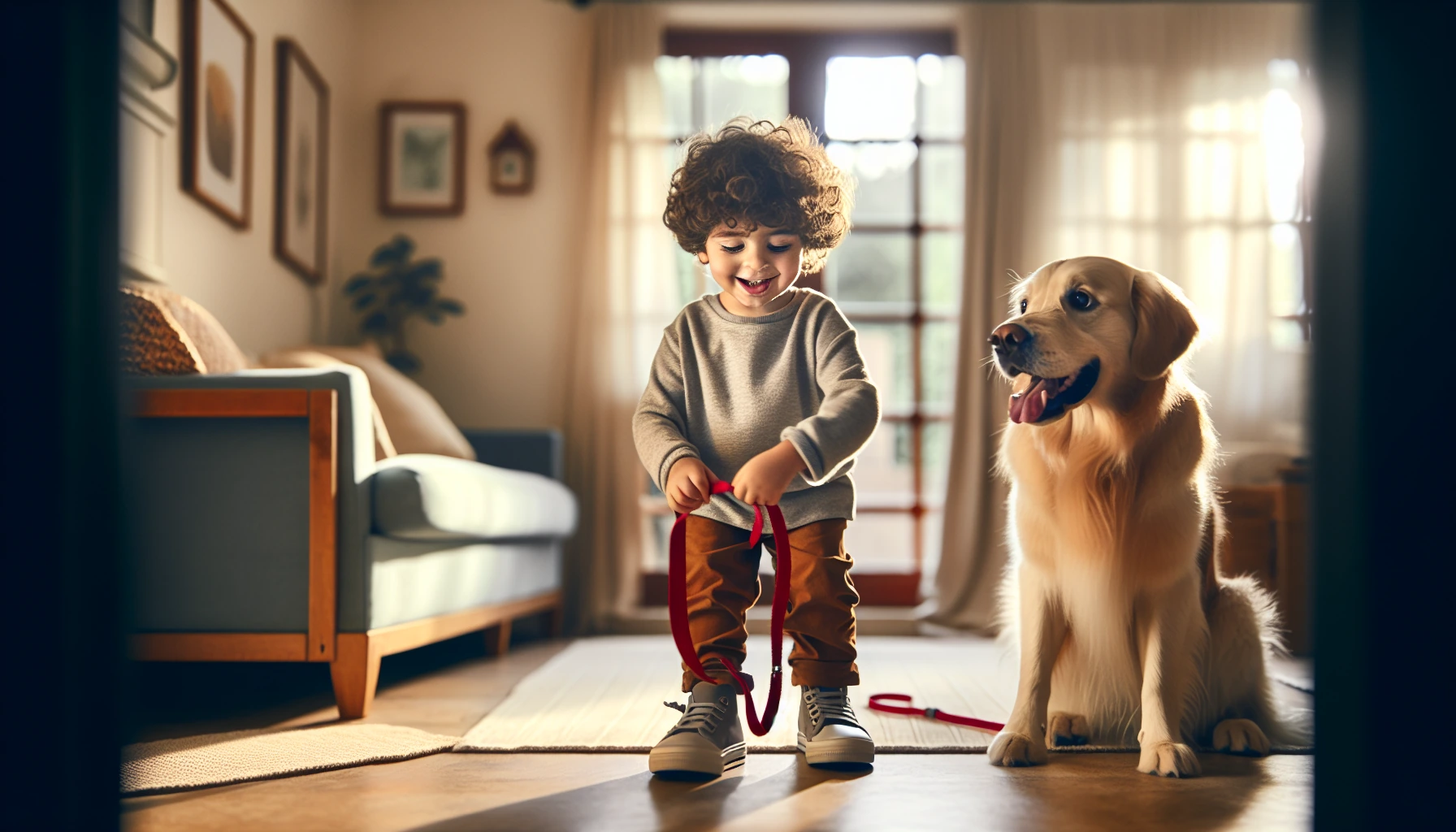 Illustration for: First, I need to get ready. I put on my shoes and grab Buddy's leash and his favorite toy.