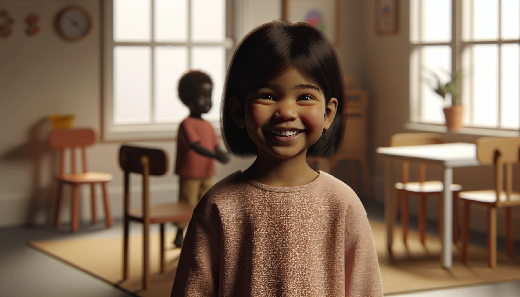 Illustration for: I see my friend at school. I feel happy inside.