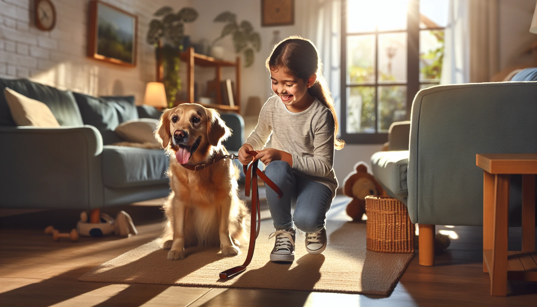 Illustration for: I have a dog named Buddy, and today we are going for a walk. I feel excited because walks are fun.