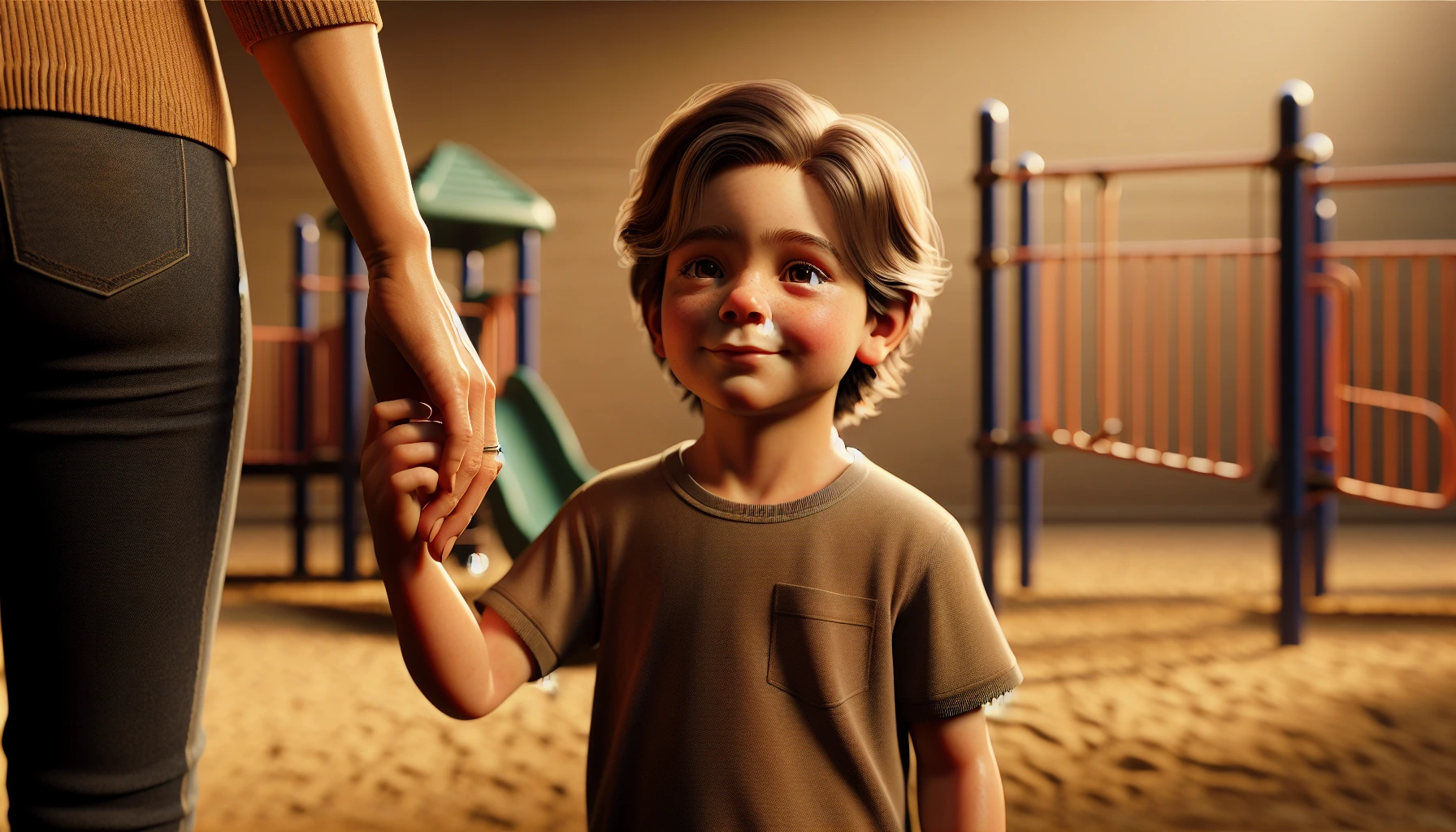 Illustration for: My mom holds my hand. Her hand feels warm and safe. I like being close to her.