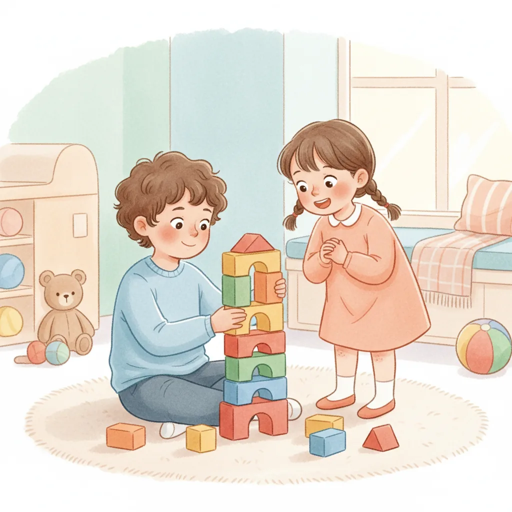 Illustration for: I saw my friend Sam playing with blocks.