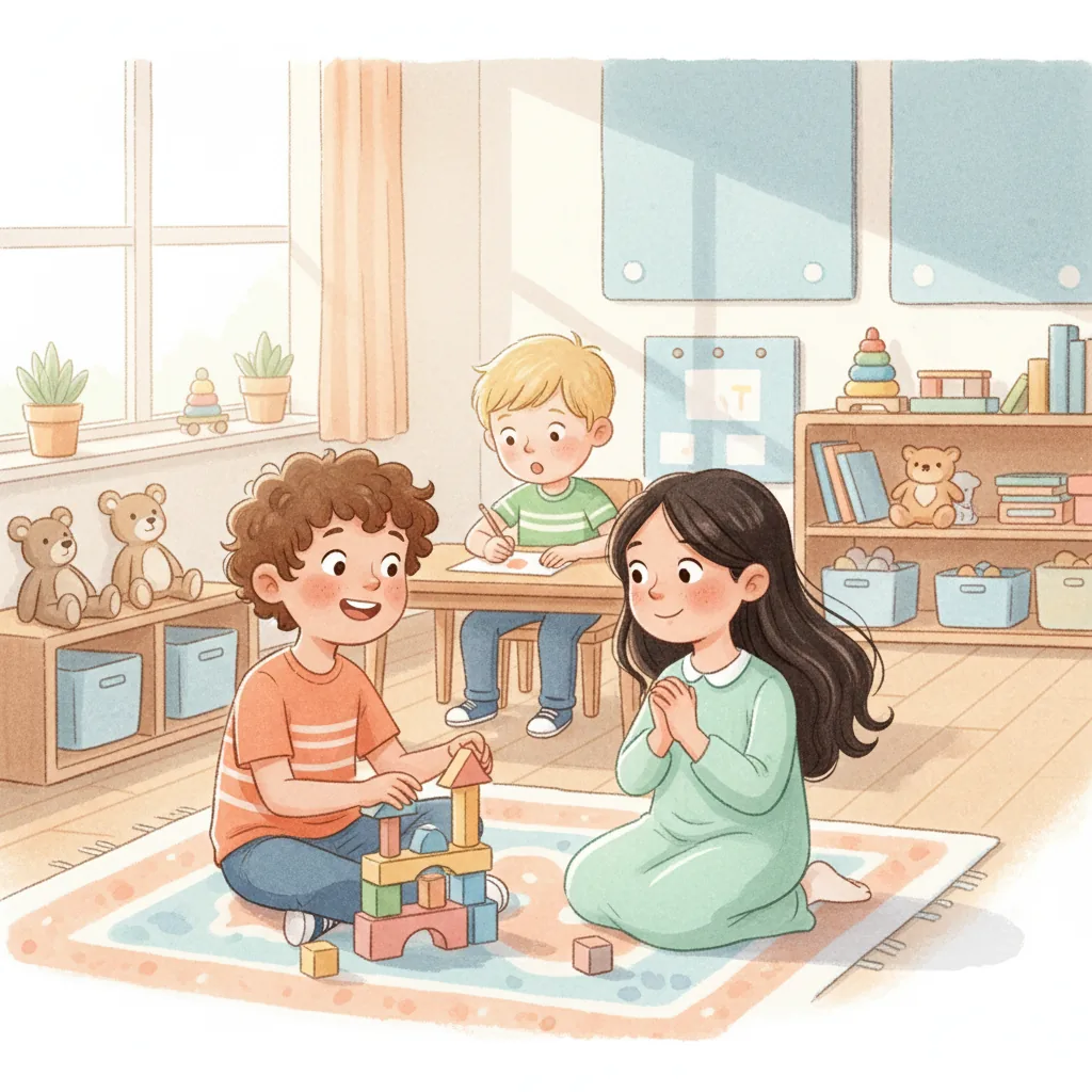 Illustration for: Today, I was playing with my blocks in the classroom. I felt happy.