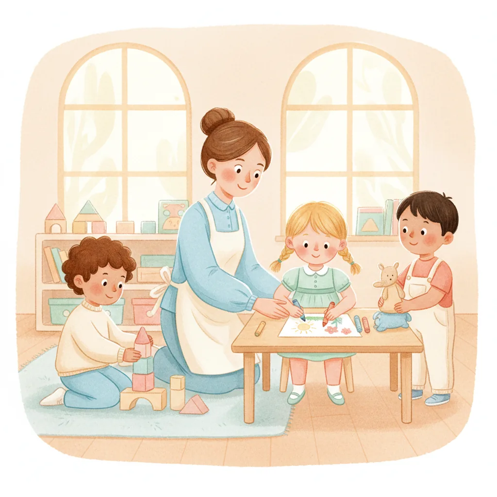 Illustration for: I am in my classroom. It is bright and busy.